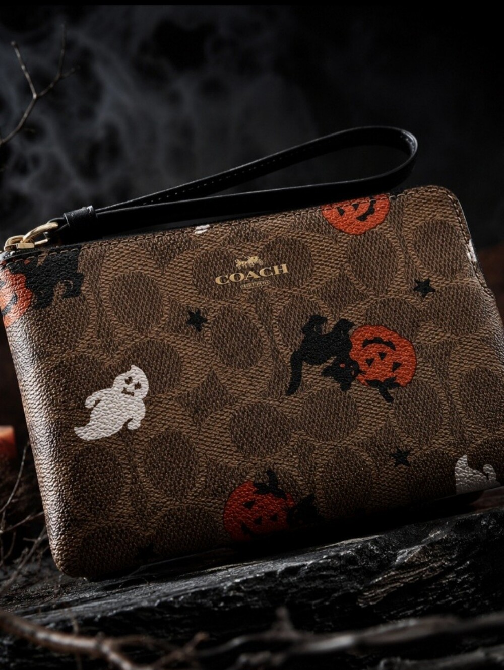 COACH Halloween Corner Zip Wristlet Signature Canvas Ghost Cat Pumpkin Bag NWT - Picture 2 of 15